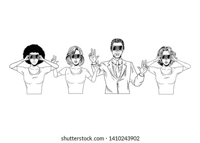 group of people with virtual reality headset avatar cartoon character black and white vector illustration graphic design