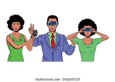 group of people with virtual reality headset and cellphone avatar cartoon character vector illustration graphic design