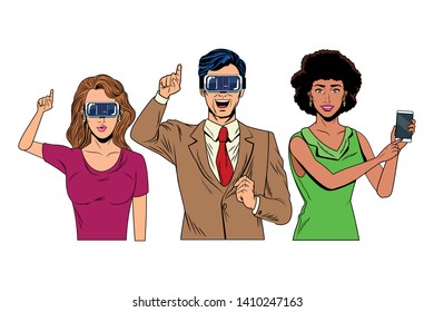 group of people with virtual reality headset and cellphone avatar cartoon character vector illustration graphic design