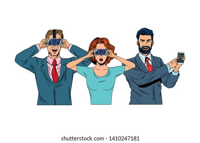 group of people with virtual reality headset and cellphone avatar cartoon character vector illustration graphic design