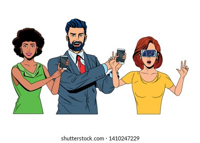 group of people with virtual reality headset and cellphone avatar cartoon character vector illustration graphic design