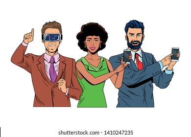 group of people with virtual reality headset and cellphone avatar cartoon character vector illustration graphic design