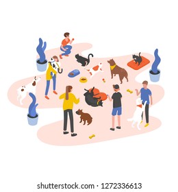 Group Of People Or Volunteers Feeding Pets And Playing With Them In Animal Shelter, Pound, Rehabilitation Or Adoption Center For Stray And Homeless Cats And Dogs. Isometric Vector Illustration.