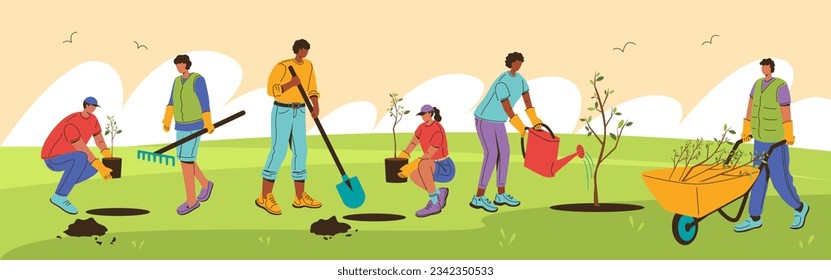 A group of people volunteers are planting young trees. Caring for the environment. Collaboration. Vector stock illustration.