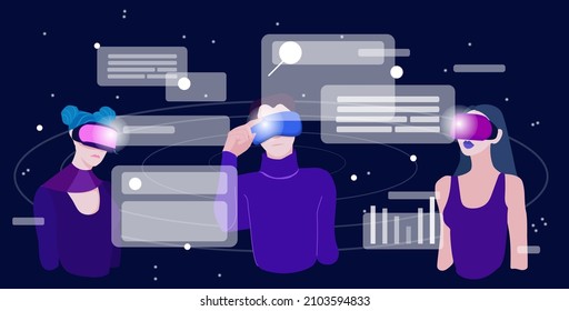 Group of people in VR headsets searching and working in virtual reality. Concept of graphics, search and web pages. Modern flat vector illustration.