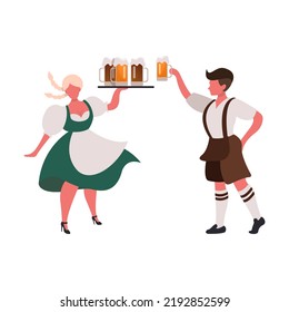 Group Of People and Waiters Drink Beer Oktoberfest Party Celebration Man And Woman Wearing Traditional Clothes couples dance, musicians, play. Fest Concept Flat Vector Illustration.