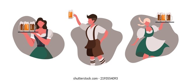 Group Of People and Waiters Drink Beer Oktoberfest Party Celebration Man And Woman Wearing Traditional Clothes couples dance, musicians, play. Fest Concept Flat Vector Illustration.