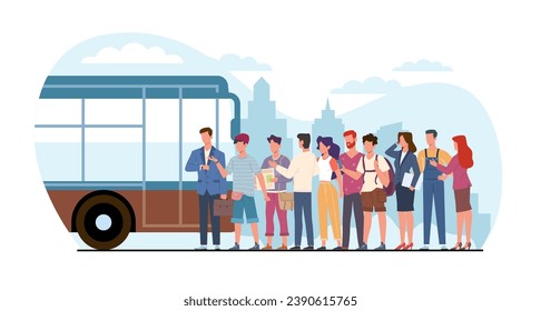 Group of people waiting to board bus at city public transportation station. Schoolchildren, workers and business people. Urban transport. Late driver cartoon flat isolated vector concept