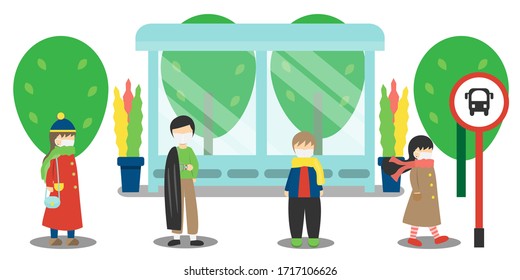 group of people waiting the bus at bus stop in the morning vector. 