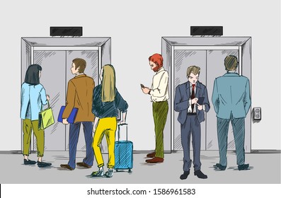 Group of people are waiting for the elevator, hand drawn vector illustration, full color sketch
