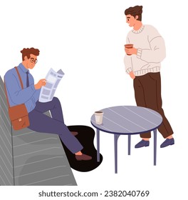 Group of people in waiting hall. Rest in expectation. Man sitting on couch with newspaper, drinking coffee. Interior of house or hotel. People in hospital or at public laundry, visitors communicate