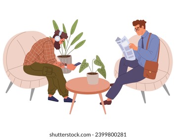 Group of people in waiting hall. Rest in expectation. Man sitting on couch with newspaper, drinking coffee. Interior of house or hotel. People in hospital or at public laundry, visitors communicate