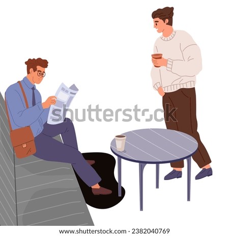 Group of people in waiting hall. Rest in expectation. Man sitting on couch with newspaper, drinking coffee. Interior of house or hotel. People in hospital or at public laundry, visitors communicate