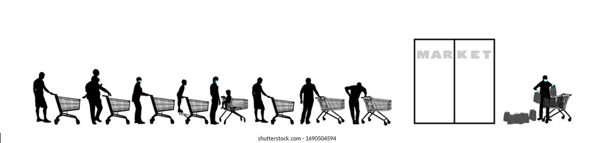 Group of people waiting in line in front of market vector silhouette isolated on white. Black Friday. Nervous crowd, man and woman with empty shopping cart food supplies against corona virus Covid 19.