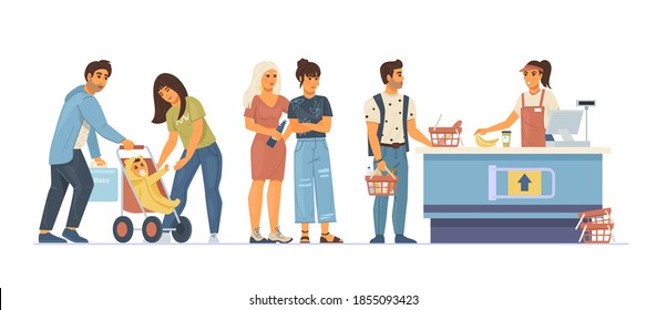 Group people waiting in line supermarket. Food store elderly couple young children man in queue to the cashier. Cashier punches goods at the checkout, customer service cartoon vector illustration