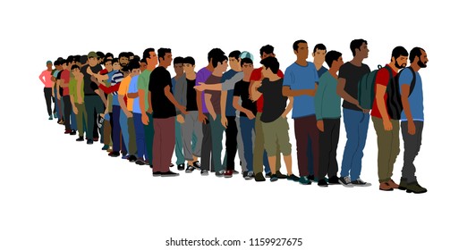 Group of people waiting in line vector illustration isolated on white background. Group of refugees, migration crisis in Middle East. War migration waves going to Europe. Afghanistan border situation.