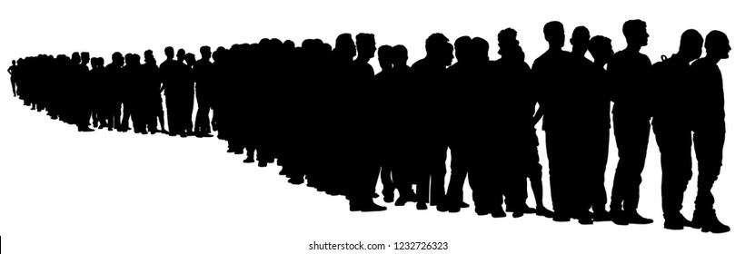 Group of people waiting in line vector silhouette isolated on white. Group of refugees, migration crisis in Europe. Turkey war migrants waves going to Schengen Area. Border situation in EU, or Mexico.