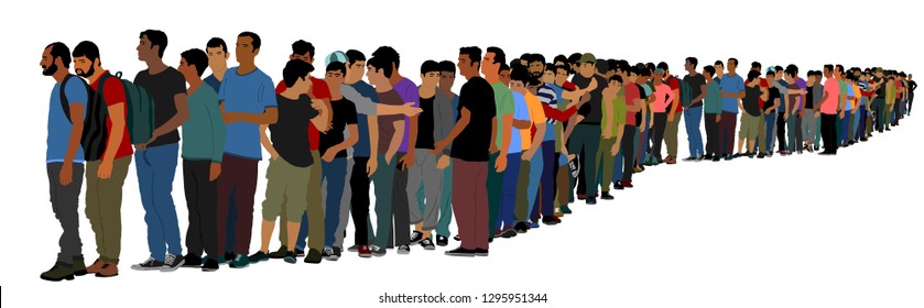 Group of people waiting in line vector illustration isolated on white background. Group of refugees, migration crisis in Middle East. War migration waves going to Europe. Afghanistan border situation.