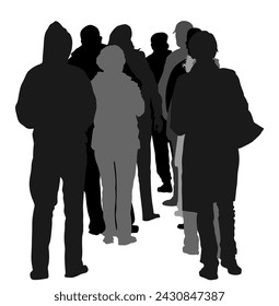 Group of people waiting in line vector silhouette illustration isolated on white. Back view. Black Friday situation in front of market before opening. Border big crowd work stoppage, collapse traffic.