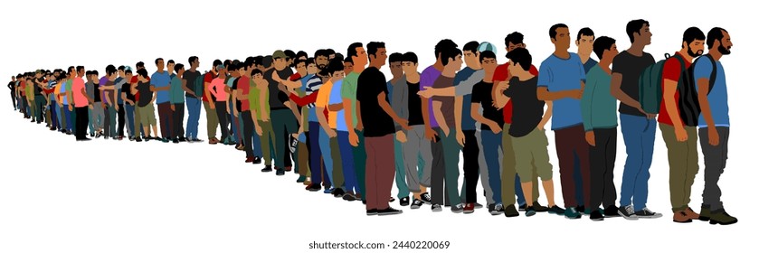 Grupo de personas esperando en línea ilustración vectorial aislado sobre fondo blanco. Grupo de refugiados, crisis migratoria y situación fronteriza. Olas migratorias de la guerra de Medio Oriente van a Europa. Éxodo familiar.