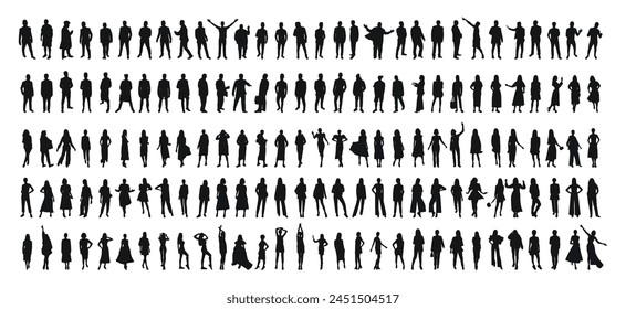 Group of people waiting in line, vector silhouette isolated on white background
