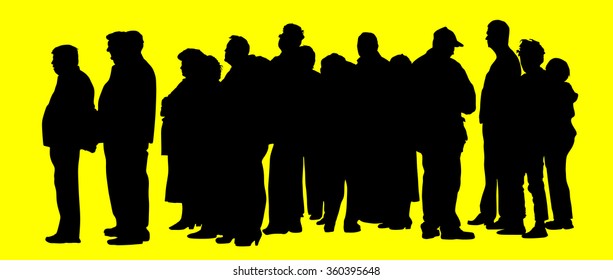  Group of people waiting in line vector silhouette isolated on white background. Black Friday situation in front of market before opening. Border situation, big crowd work stoppage, collapse. Refugees
