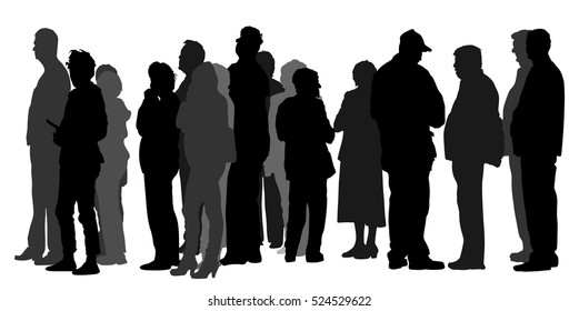 Group of people waiting in line vector silhouette isolated on white background. Black Friday, crowd in front of market or ATM machine. Nervous people are waiting for the bank opening. Refugees border.