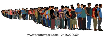 Group of people waiting in line vector illustration isolated on white background. Group of refugees, migration crisis border situation. Middle East war migration waves going to Europe. Family exodus.