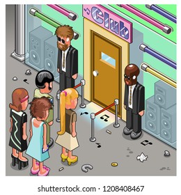 Group Of People Waiting Outside In A Queue To Enter A Club, Entrance Door Guarded By Security Personnel (isometric Illustration) 