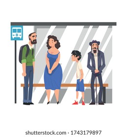 Group of People Waiting for Public Transportation at Bus Stop, Passengers Spending Time in Expectation at City Street Cartoon Vector Illustration