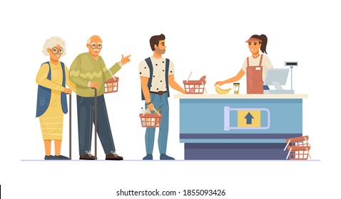 Gente de grupo esperando en un supermercado de cola. Tienda de alimentos pareja de ancianos y hombre en fila al cajero. Cajero golpea mercancías en el check out, vector de caricatura de servicio al cliente