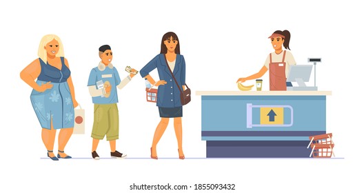 Group people waiting in queue supermarket. Food store fat woman, kid and businesswoman in the queue to the cashier. Cashier punches goods at the checkout, customer service cartoon vector illustration