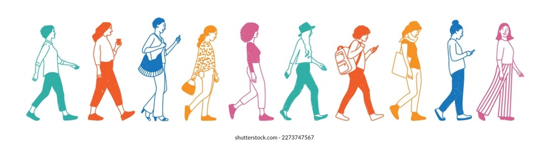 Group of people walk. Crowd of diverse women go forward. Hand drawn vector illustration.