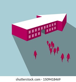 A group of people walked to the arrow-shaped building. Isolated on blue background.	