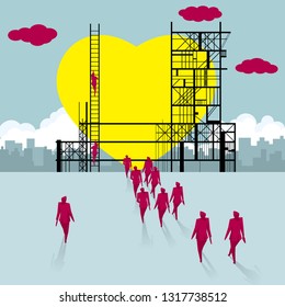 A group of people walked to the construction site. Making a heart shape.