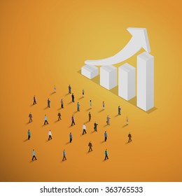 A group of people walking to bar chart. A growing business concept. Isometric illustration vector EPS 10.