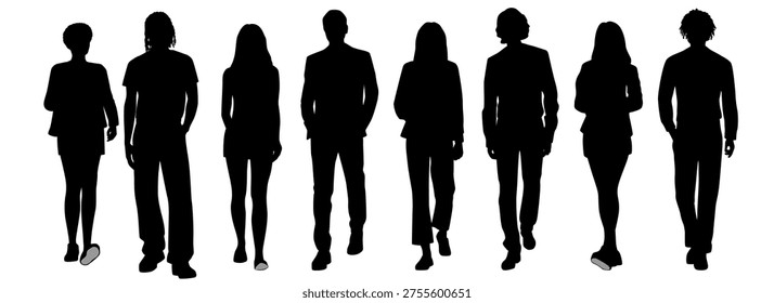 Group people walking, collection, men and women silhouettes,  front view, profile, vector image, black color, isolated on white background