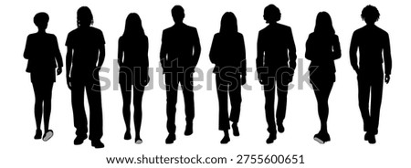 Group people walking, collection, men and women silhouettes,  front view, profile, vector image, black color, isolated on white background