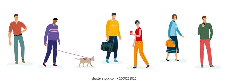 Group of people walking down the street in the city. Male and female characters hanging out on smartphone, walking with dog, have a good time. Vector flat isolated illustration