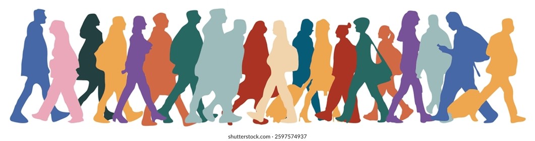 A group of people walking down a street. The people are of different colors and sizes. Some are carrying handbags and backpacks. Concept of diversity and unity among the people