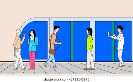 A group of people are walking down a street, some of them are looking at their cell phones. The scene is set in a city, with a train station in the background. Scene is somewhat busy and hectic