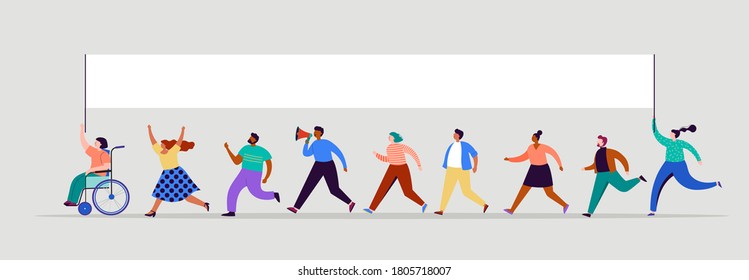 Group of people, walking with flags. Crowd of women and men at a demonstration. Concept for public campaign, voting theme vector background. 