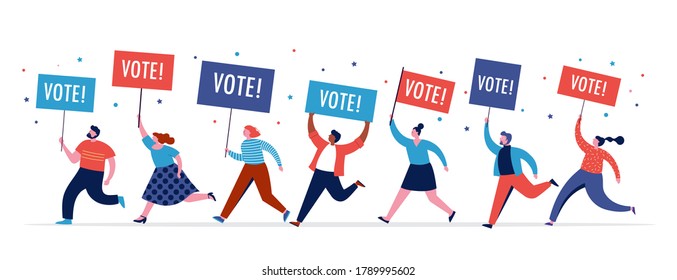 Group of people, walking with flags to elections. Crowd of women and men at a demonstration. Concept for election campaign, voting theme vector background. 