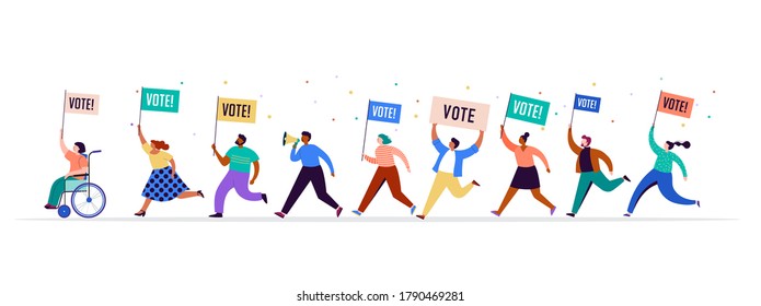Group of people, walking with flags to elections. Crowd of women and men at a demonstration. Concept for election campaign, voting theme vector background. 