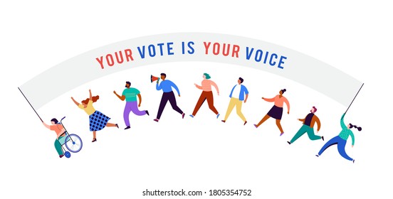 Group of people, walking with flags to elections. Crowd of women and men at a demonstration. Concept for election campaign, voting theme vector background. 