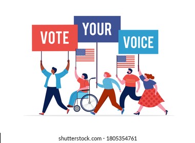 Group of people, walking with flags to elections. Crowd of women and men at a demonstration. Concept for election campaign, voting theme vector background. 