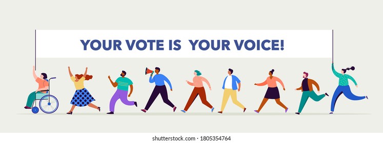 Group of people, walking with flags to elections. Crowd of women and men at a demonstration. Concept for election campaign, voting theme vector background. 