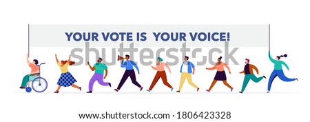 Group of people, walking with flags to elections. Crowd of women and men at a demonstration. Concept for election campaign, voting theme vector background. 