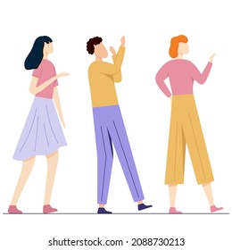 A group of people walking forward in bright clothes, young adult drawn in a flat style. Vector illustration