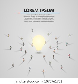 A group of people walking to a light bulb. Brainstorm, inspiration, idea business concept. Vector illustration